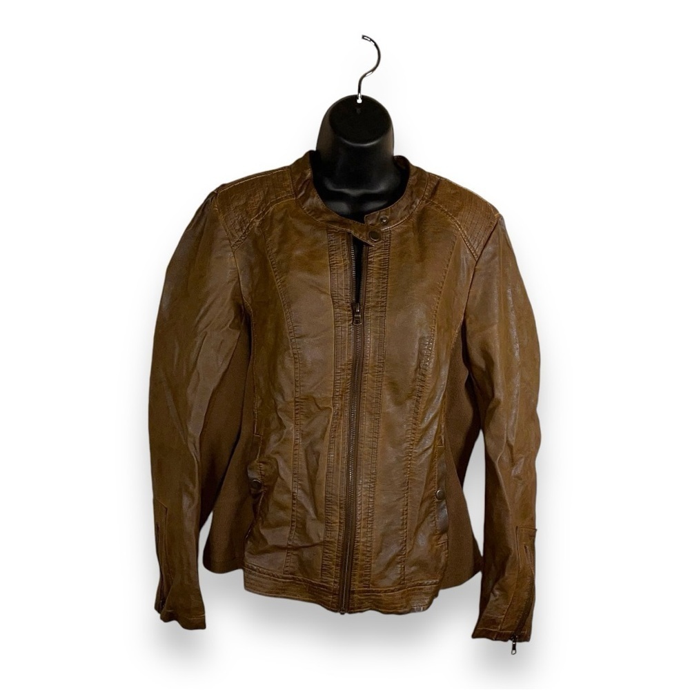 LARGE SEBBY COLLECTION AGED BROWN COLORED FAUX LEATHER JACKET LONG SLEEVE WESTER